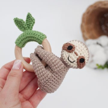 Sloth crochet pattern animal baby rattle teether toy Amigurumi pattern for newborn