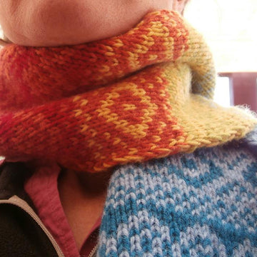 Rainbow double-knitted scarf and stranded colourwork hat