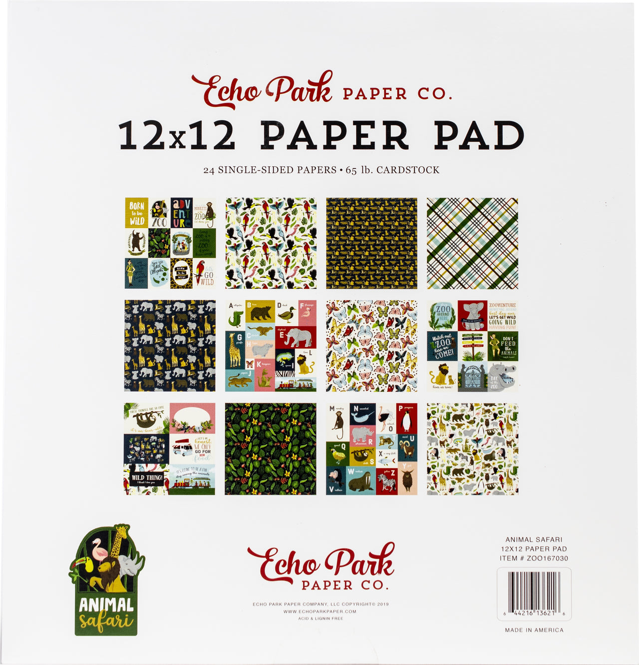 Echo Park Paper Echo Park Single-Sided Paper Pad 12"X12" 24/Pkg - Animal Safari, 12 Designs/2 Each