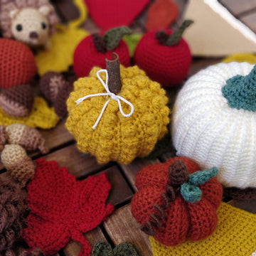 Fall Autumn amigurumi crochet Pumpkin Acorn Chestnut Leaves Maple Leaf Mushroom Pinecone Mouse Hedgehog Squirrel Garland bunting