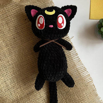 Crochet pattern for Luna cat. Cute soft toy knitted by hand. Sailor Moon.