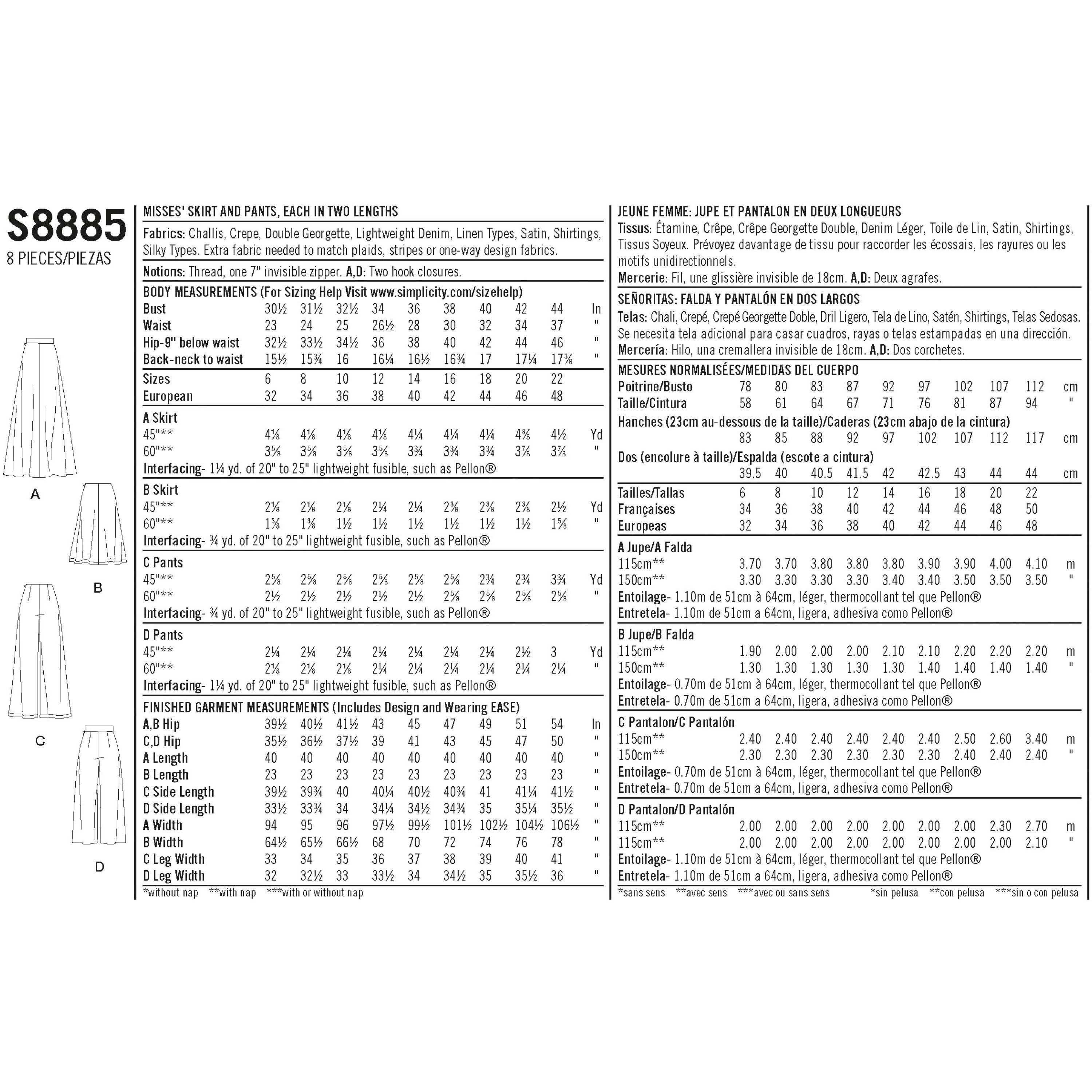Simplicity S8885 Misses Skirt and Pants - Sewing Pattern