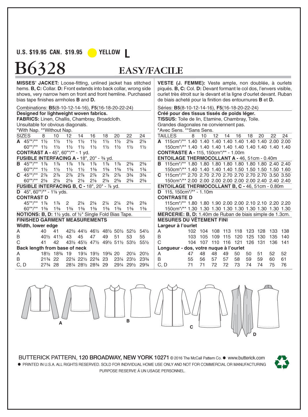 Butterick Misses' Open-Front Jackets B6328 - Sewing Pattern