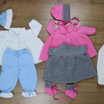Knitting pattern baby jacket, hat, trousers, dress, booties, blanket/afghan  #43