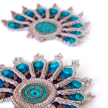 Crochet Peacock Tail Feather Coaster or Applique