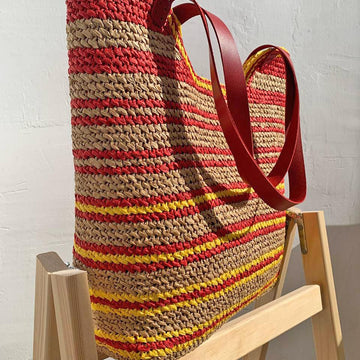 Crochet Raffia Beach Bag Pattern, Striped Tote with Leather Handles