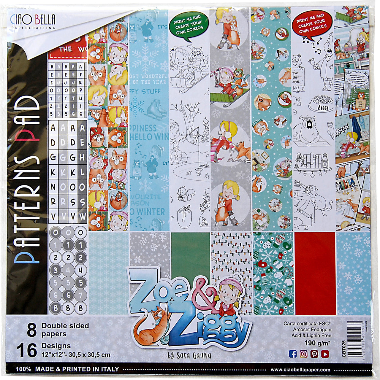 Ciao Bella Double-Sided Paper Pack 90lb 12"X12" 8/Pkg - Zoe & Ziggy, 8 Designs/1 Each