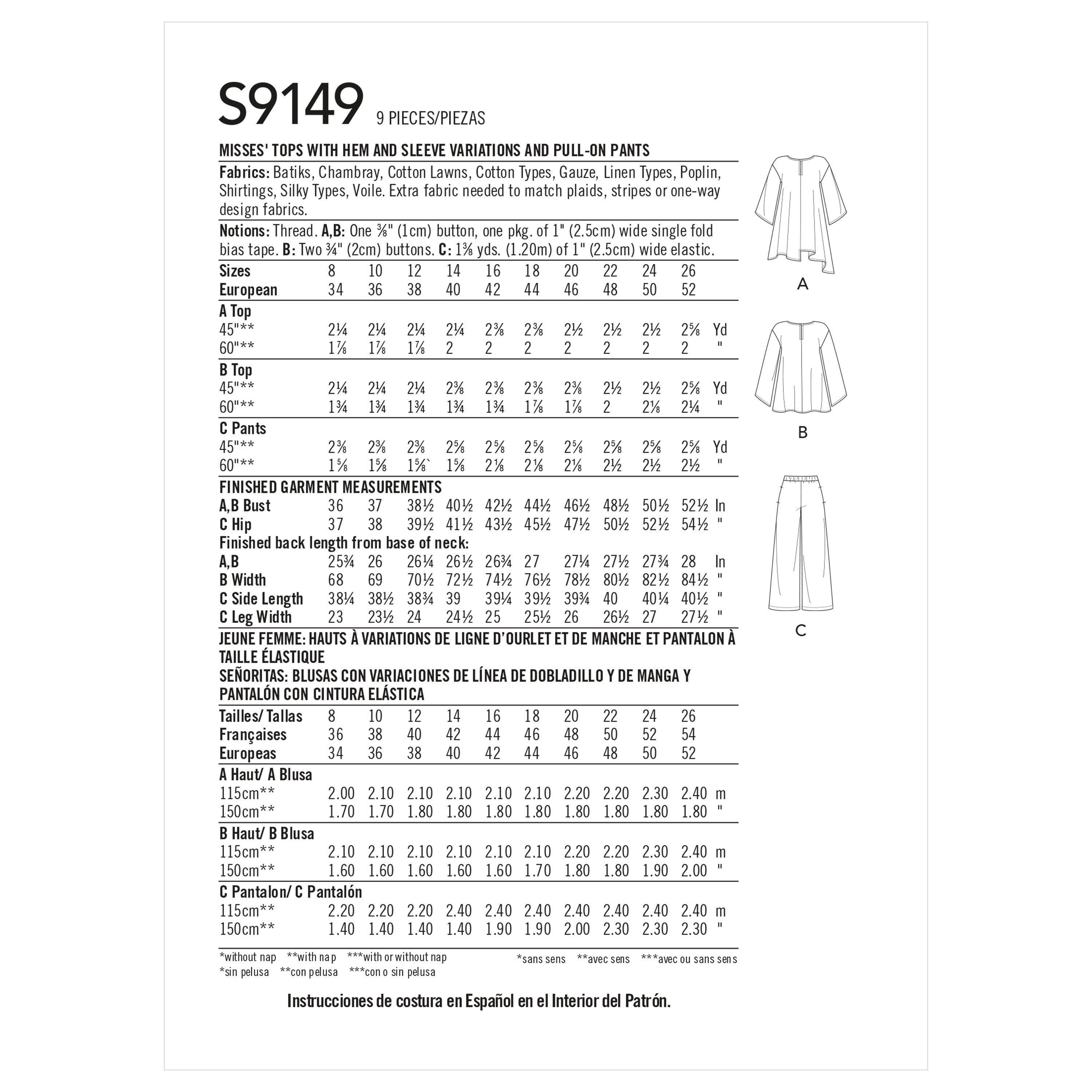 Simplicity Misses' Tops & Pants S9149 - Sewing Pattern