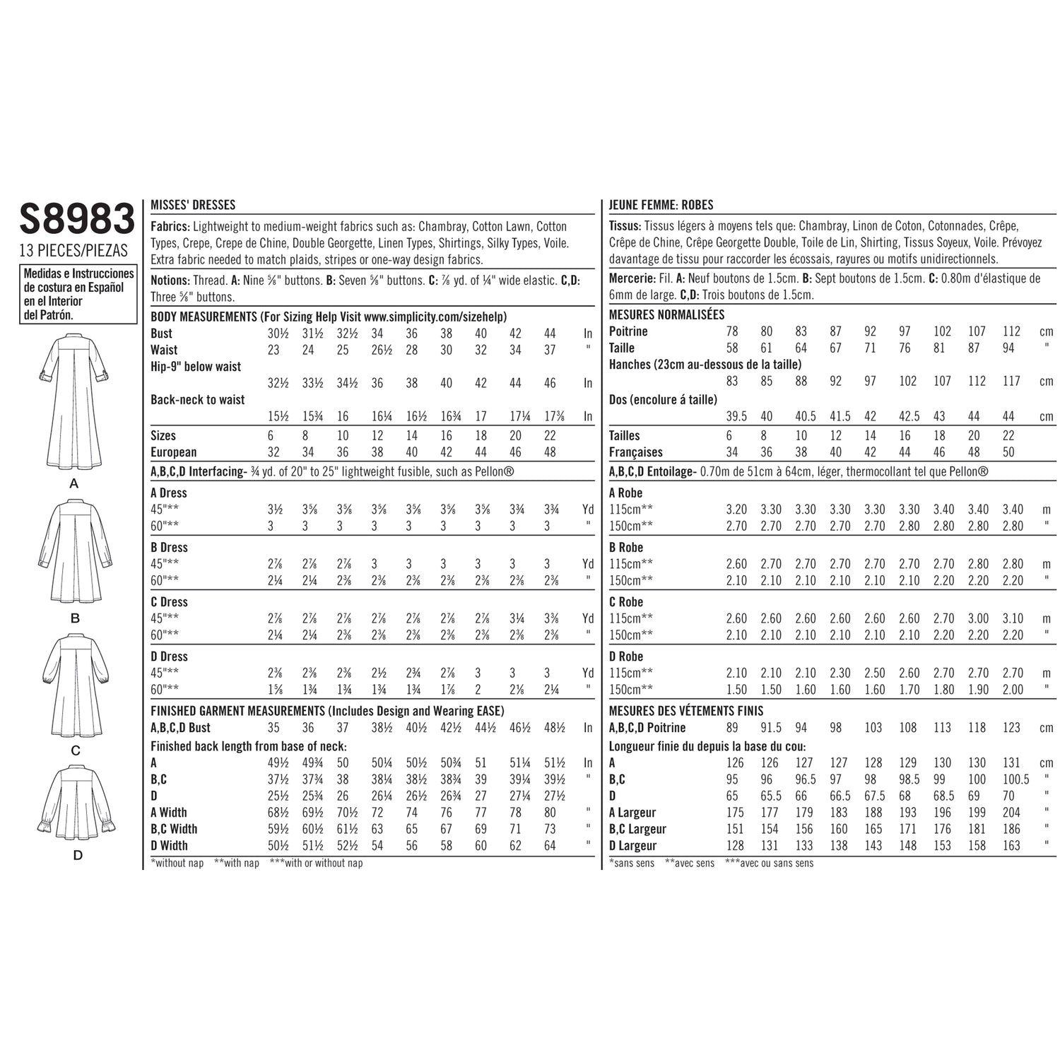 Simplicity S8983 Misses Dresses with Sleeve Variation - Sewing Pattern