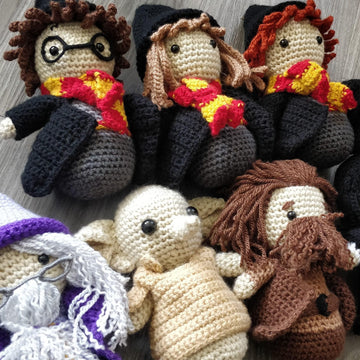 Harry Potter Gryffindor Hogwarts amigurumi crochet pattern set collection Hermione Granger Ron Weasley Hagrid Severus Snape Dumbledore Dobby