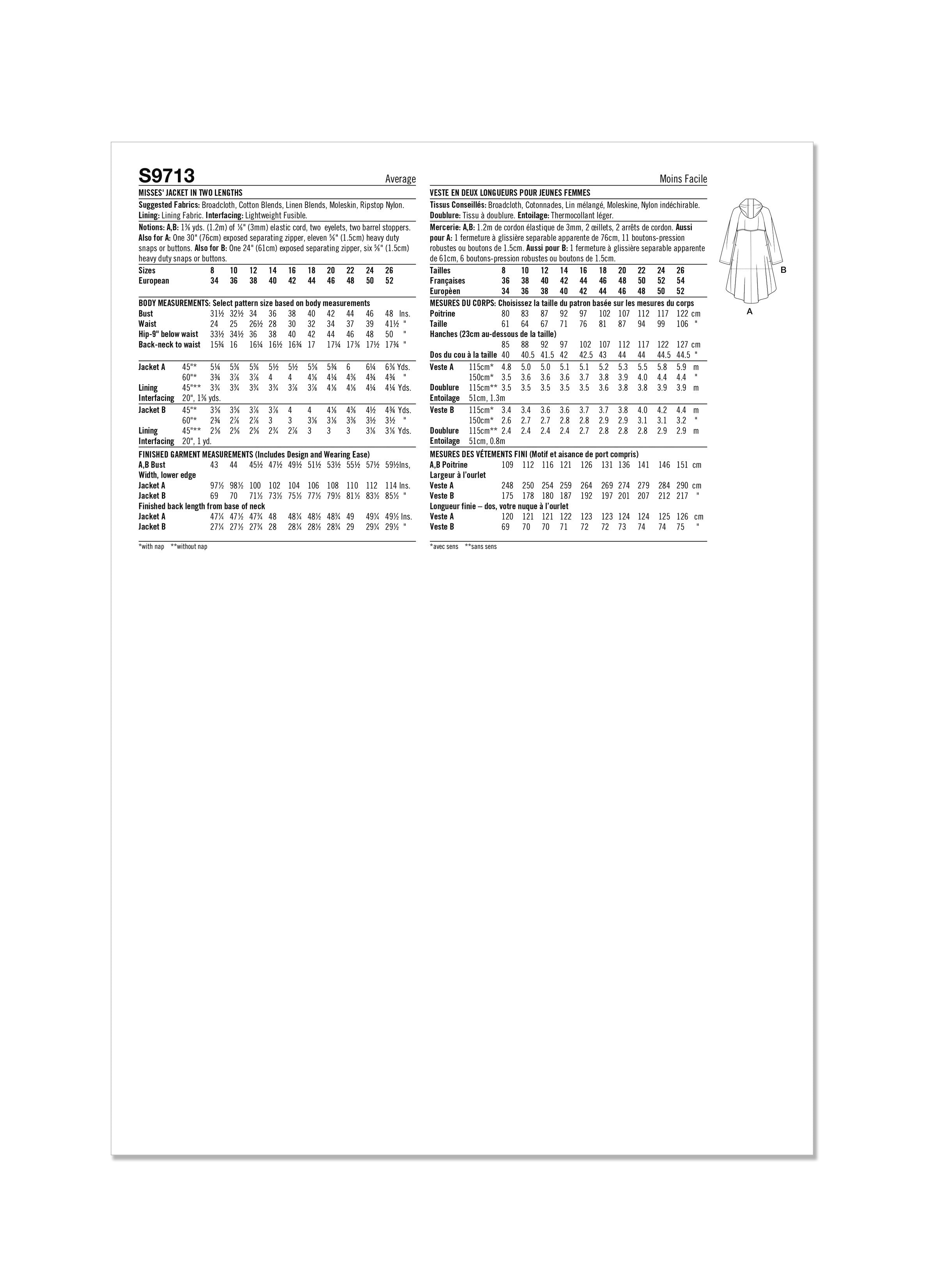 Simplicity Misses' Jacket in Two Lengths - Designed for American Sewing Guild S9713 - Sewing Pattern