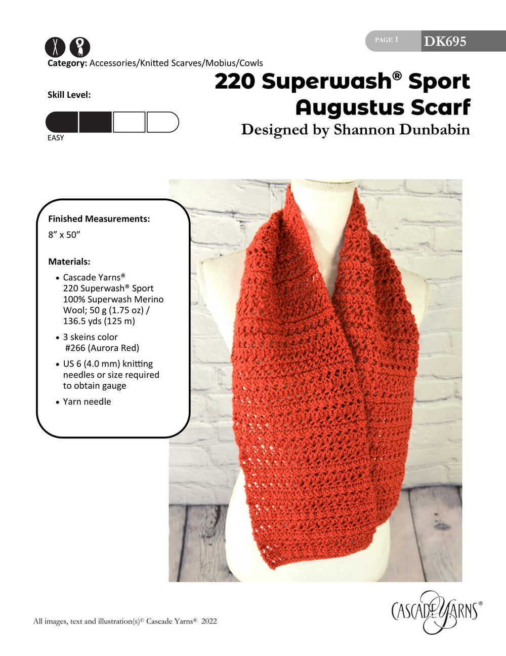 Augustus Scarf in Cascade Yarns 220 Superwash Sport - DK695 - Downloadable PDF