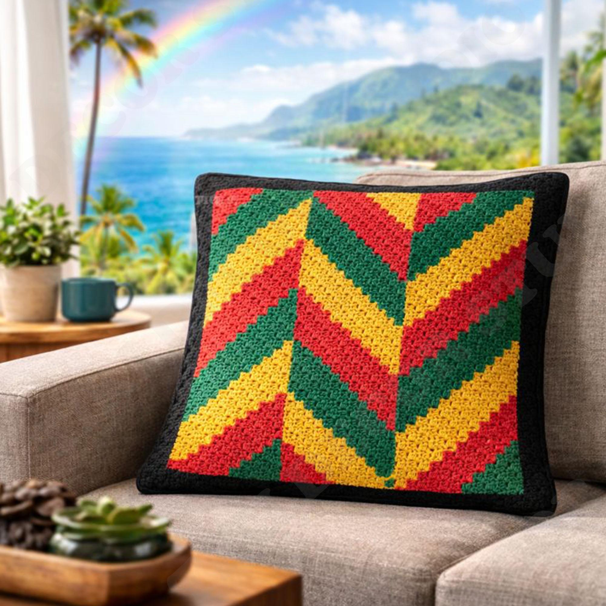 Chevron Bordered Rasta Cushion Herringbone Pillow Mini C2C Diagonal Crochet Pattern