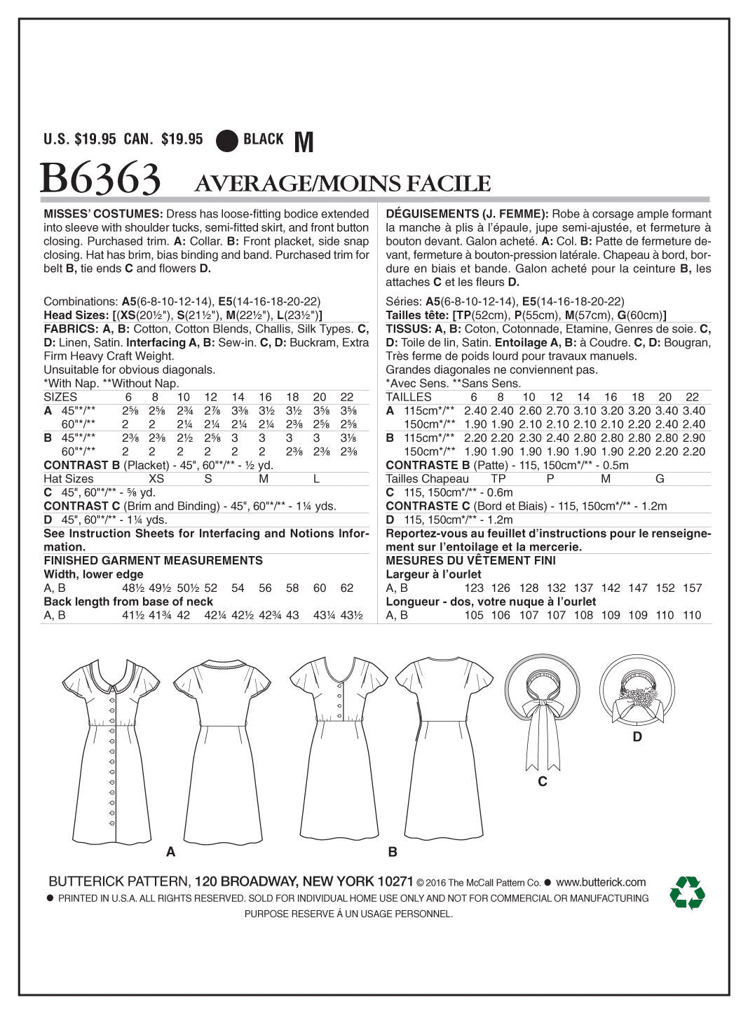 Butterick Misses' Button-Front, Flutter Sleeve Dresses and Sun Hat B6363 - Sewing Pattern