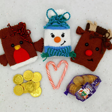 Christmas DK Knitting Pattern Chocolate Coin Bags Charity Robin Snowman Reindeer