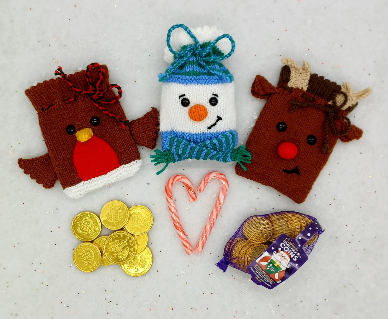 Christmas DK Knitting Pattern Chocolate Coin Bags Charity Robin Snowman Reindeer