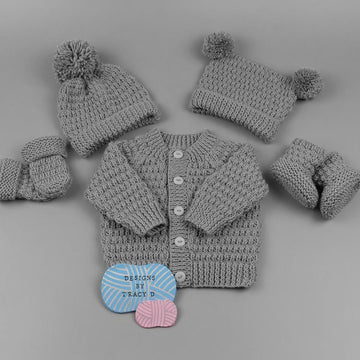 Calum Unisex Baby Knitting Pattern cardigan,hats, mitts and booties hats