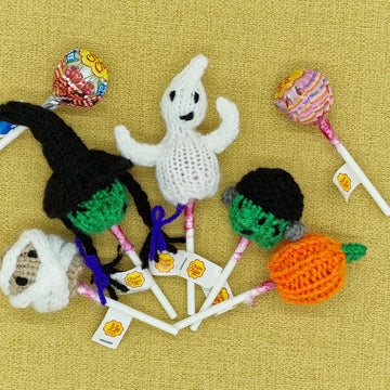 Halloween Knitting Pattern DK Lollipop Hats Decoration Gift Charity knit EASY Chupa-Chups Witch Pumpkin Frankenstein Sweet Sucker Savers