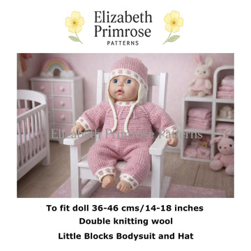 Little Blocks Doll Bodysuit & Hat DK Knitting Pattern P103 | Elizabeth Primrose Patterns