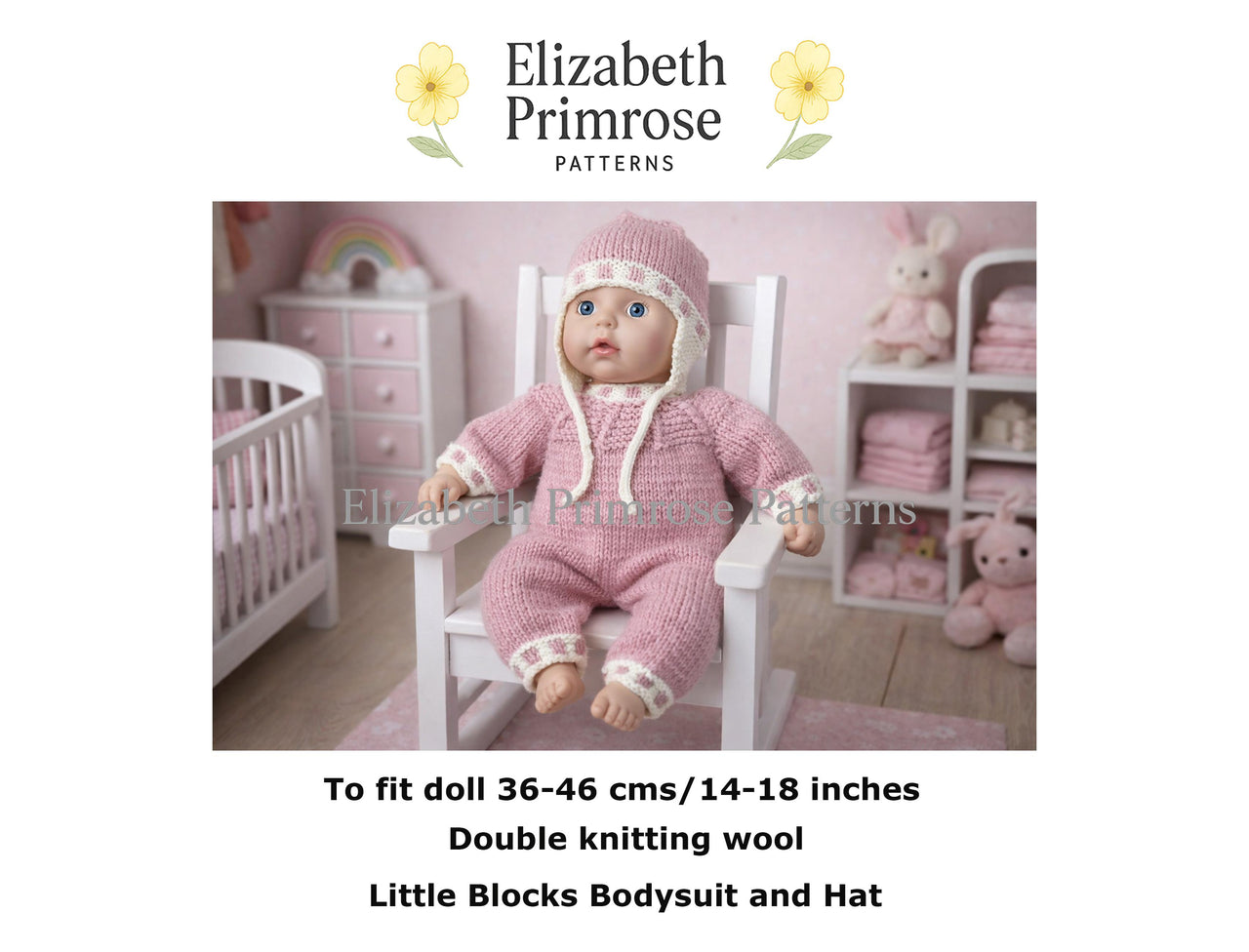 Little Blocks Doll Bodysuit & Hat DK Knitting Pattern P103 | Elizabeth Primrose Patterns