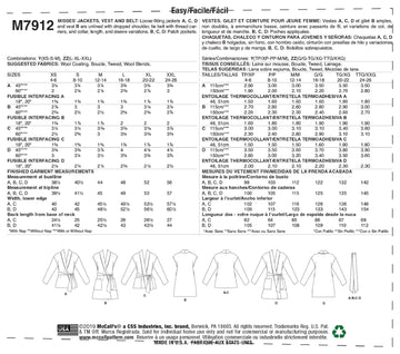McCall's Misses' Jackets, Vest and Belt M7912 - Sewing Pattern