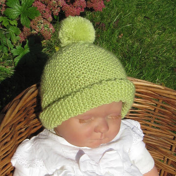 Baby Roll Brim Moss Stitch (Seed Stitch) Bobble Beanie Hat