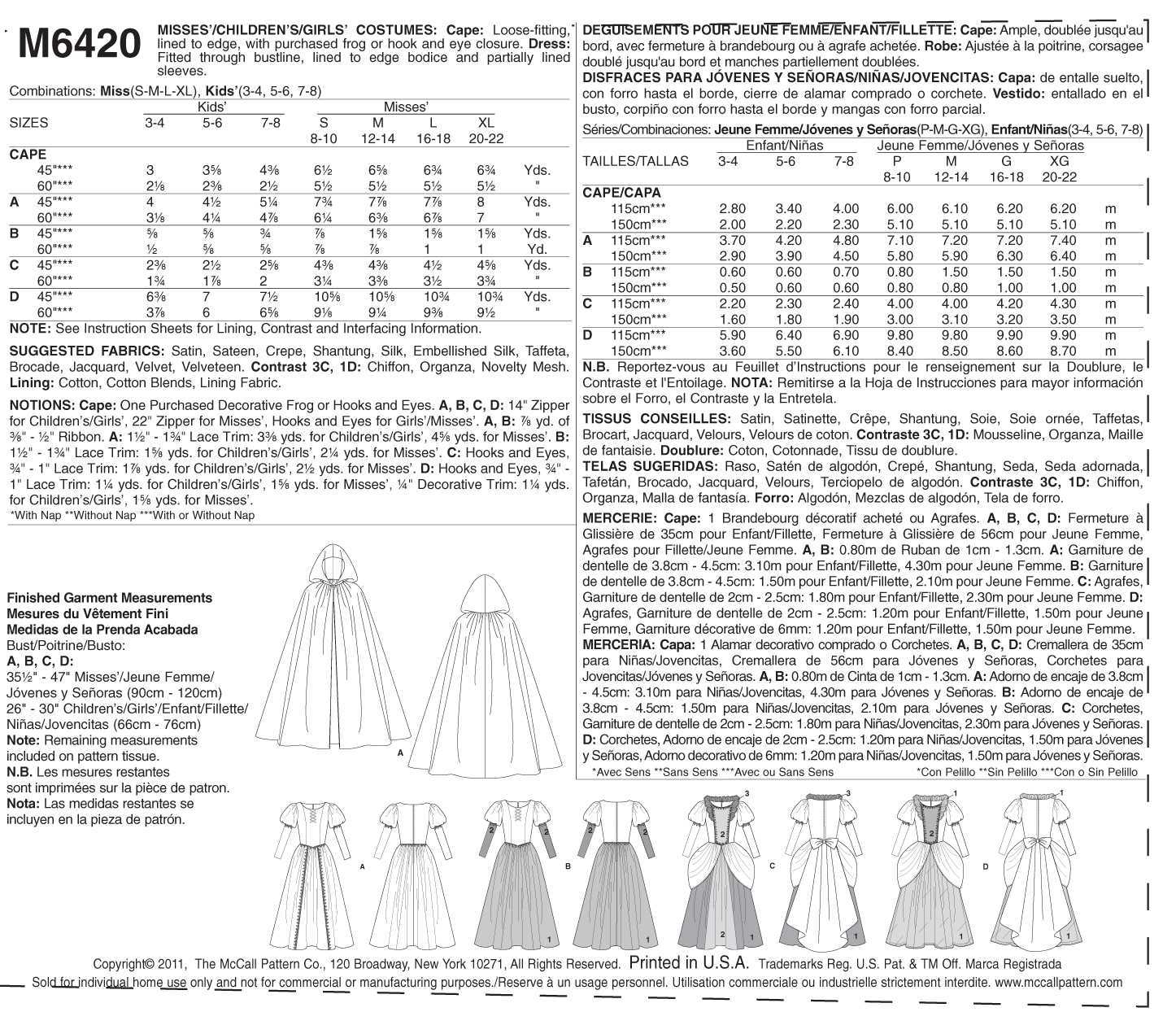 McCall's Misses'/Children's/Girls' Costumes M6420 - Sewing Pattern