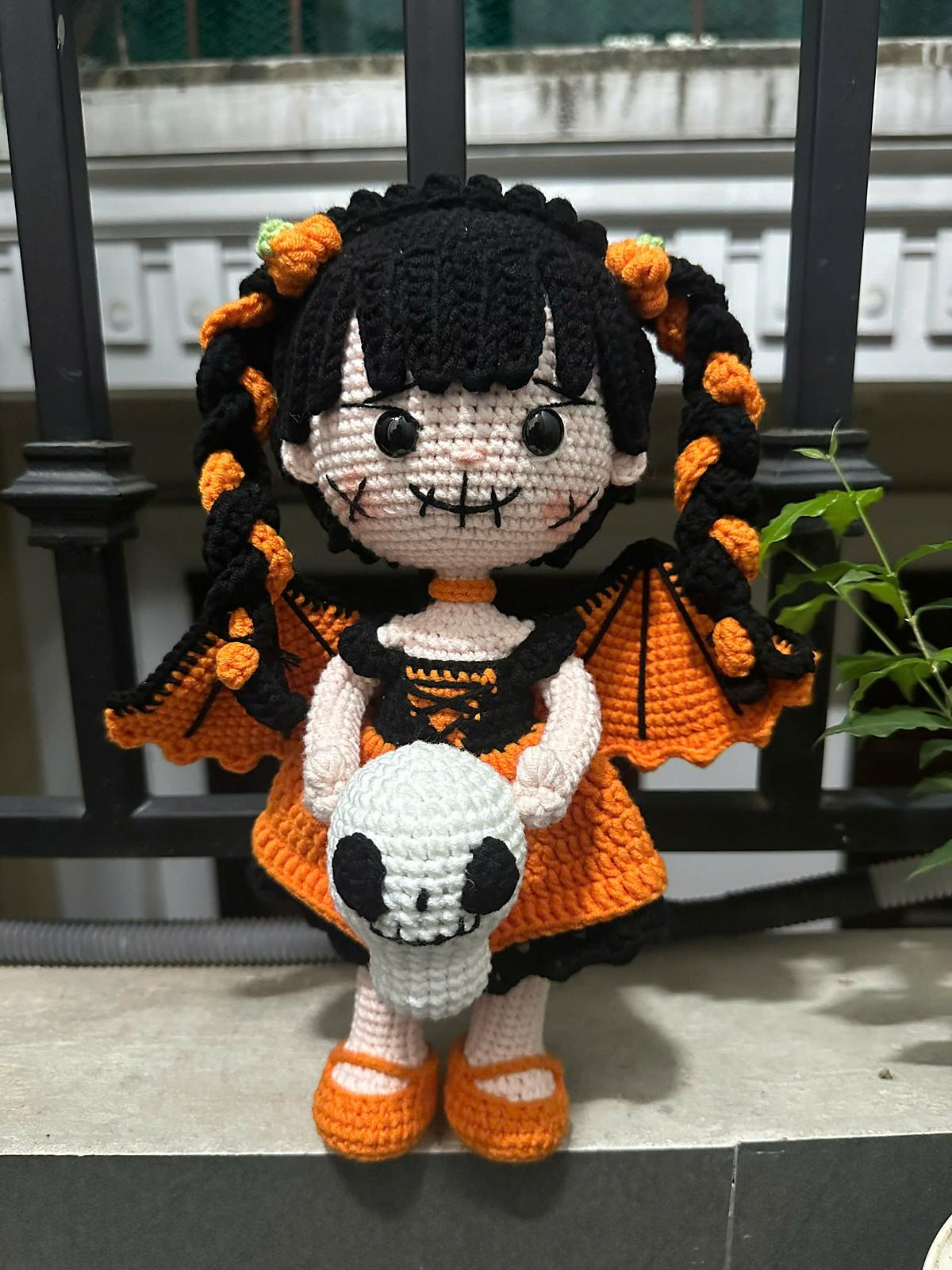 Pumpkin Bat Girl with Skull