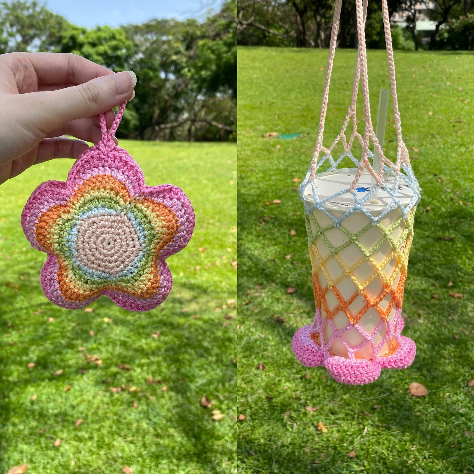Rainbow Flower Crochet Drink Carrier Bag Charm