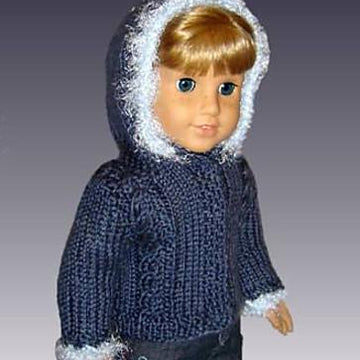 Faux Fur Hooded jacket, PDF Doll clothes knitting pattern, fits Amaerican Girl Doll and 18 inch dolls