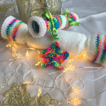 PDF Christmas star cracker and mini cracker tree & table decoration chocolate cover DK knitting pattern