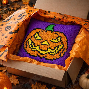 Halloween Cushion All Hallows' Eve Pumpkin Purple Pillow Crochet Pattern Mini-C2C
