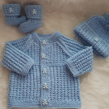 Gwyn Baby Cardigan, Hat & Booties knitting pattern in 2 sizes 0-3mth & 6-12mth