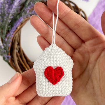 Crochet house with heart Amigurumi pattern Valentine ornament Crochet keyring charm Car hanger