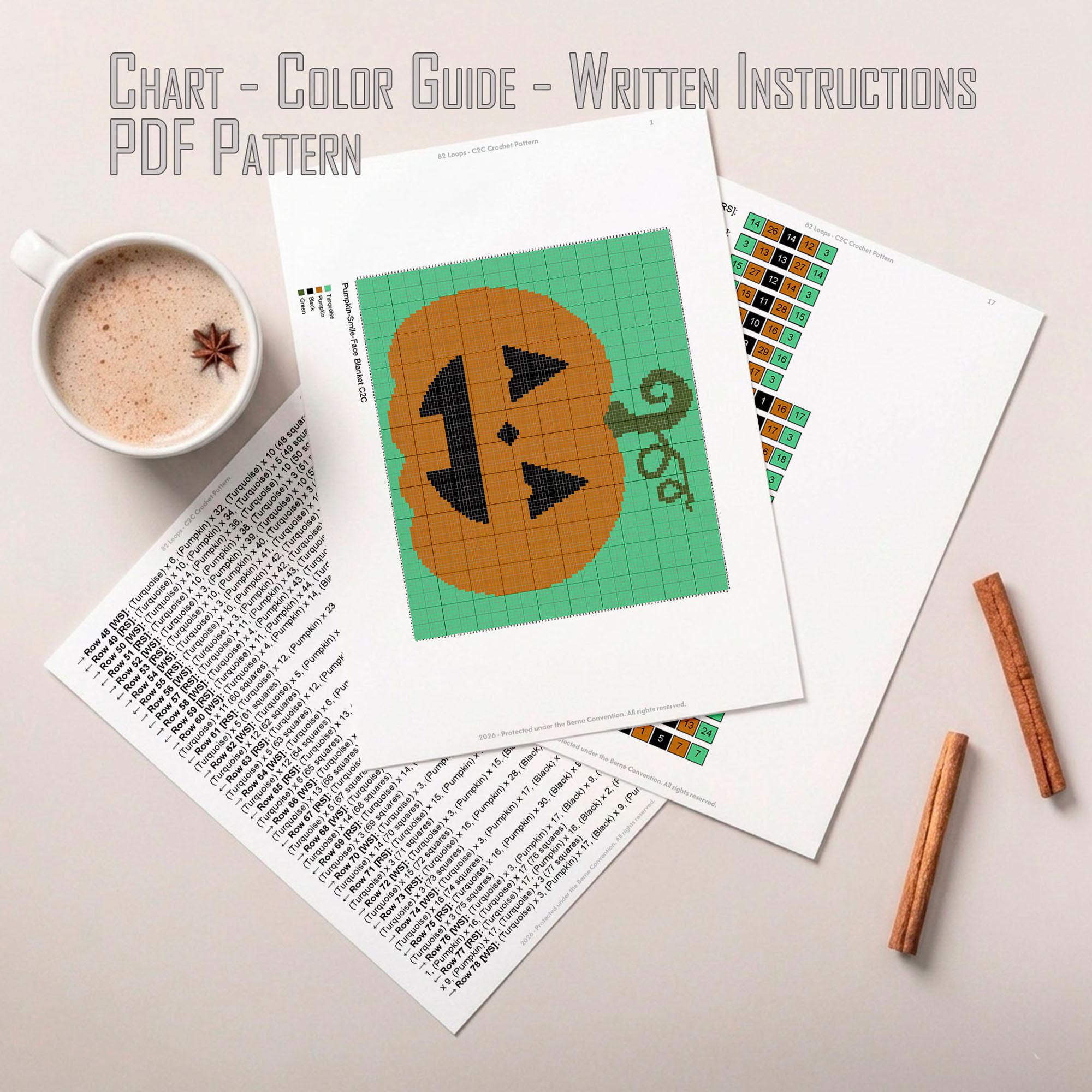 C2C CROCHET PATTERN Halloween Pumpkin Blanket Smiling Face Throw Queen Twin Afghan