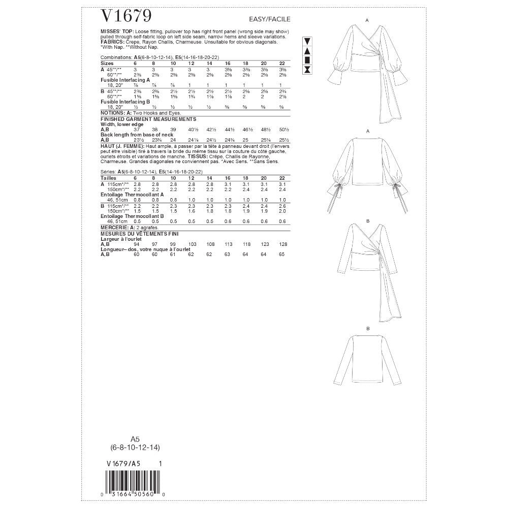 Vogue Misses' Top V1679 - Sewing Pattern