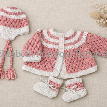 Plaited Petal Set – Cardigan, Hat & Bootees | P64 | Doll or Baby | Elizabeth Primrose Patterns