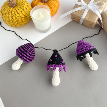 Crochet mushrooms garland no sew pattern Halloween decor Amigurumi pattern ornament