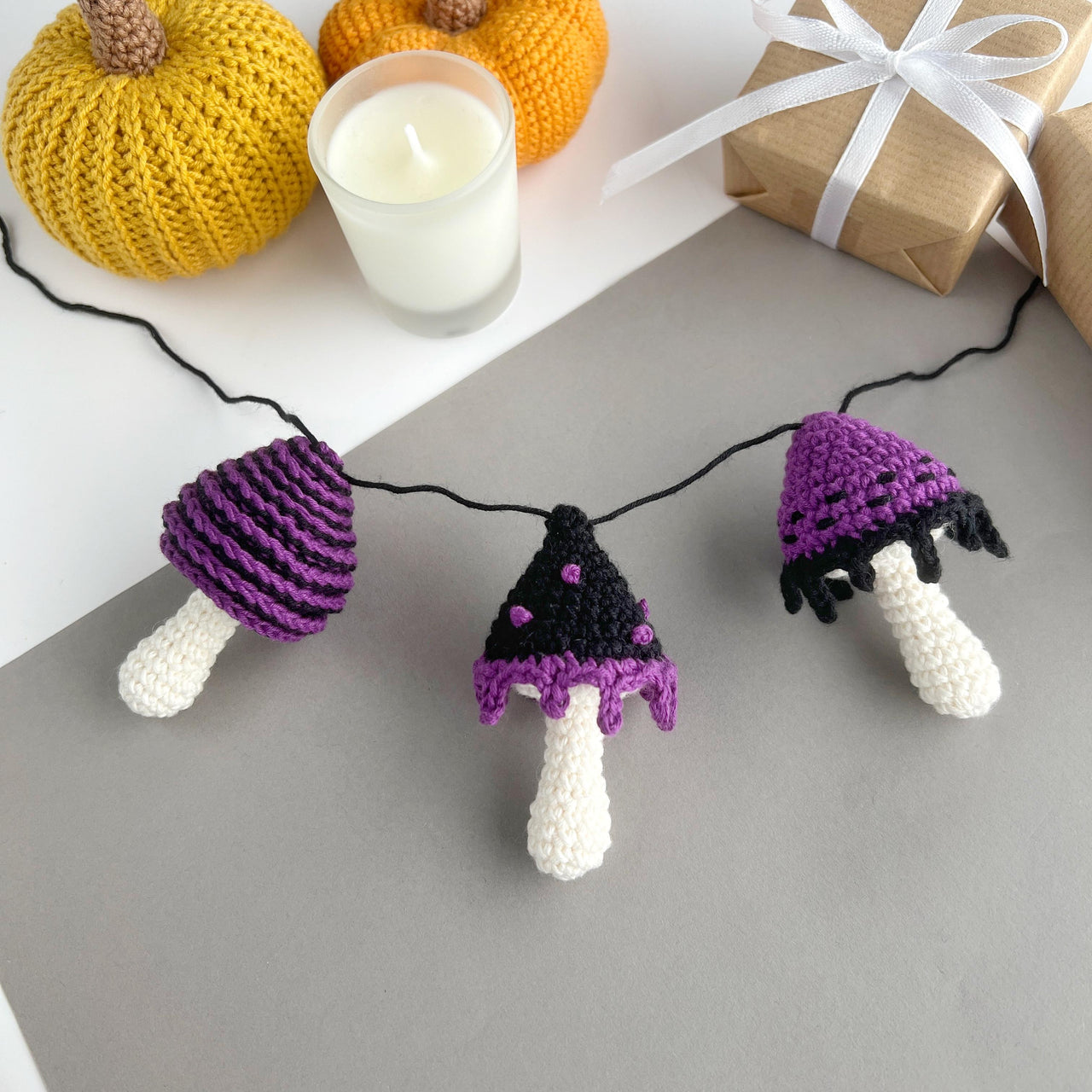 Crochet mushrooms garland no sew pattern Halloween decor Amigurumi pattern ornament