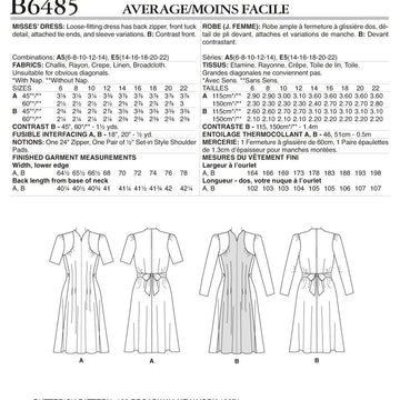 Butterick Misses' Dresses with Shoulder and Bust Detail, Waist Tie, and Sleeve Variations B6485 - Sewing Pattern