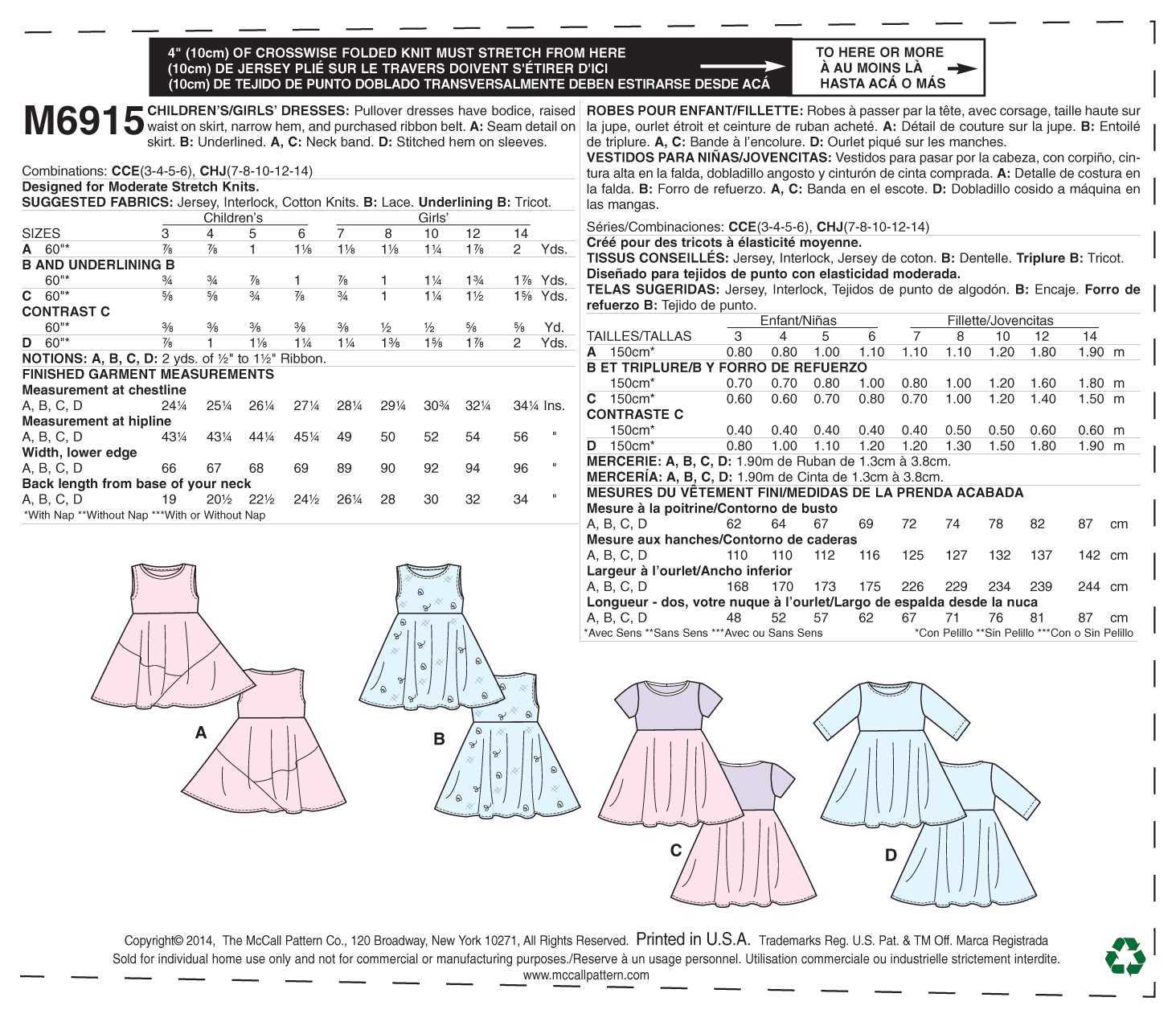 McCall's Chidren's/Girls' Dresses M6915 - Sewing Pattern