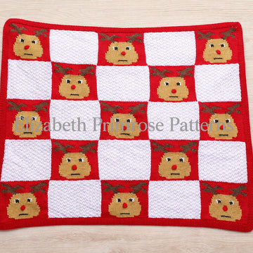 Rudolph Christmas Blanket Knitting Pattern with Basketweave Squares | P129 | Elizabeth Primrose Patterns