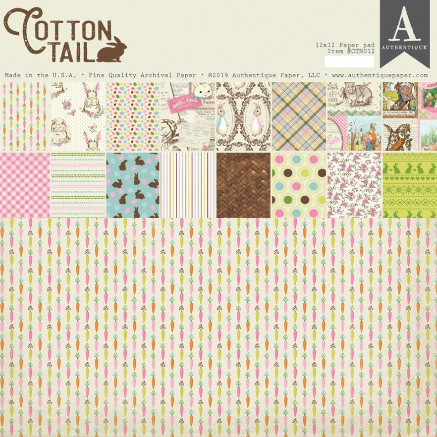 Authentique Paper Authentique Double-Sided Cardstock Pad 12"X12" 18/Pkg - Cottontail, 8 Designs/2 Each + 2 Solids