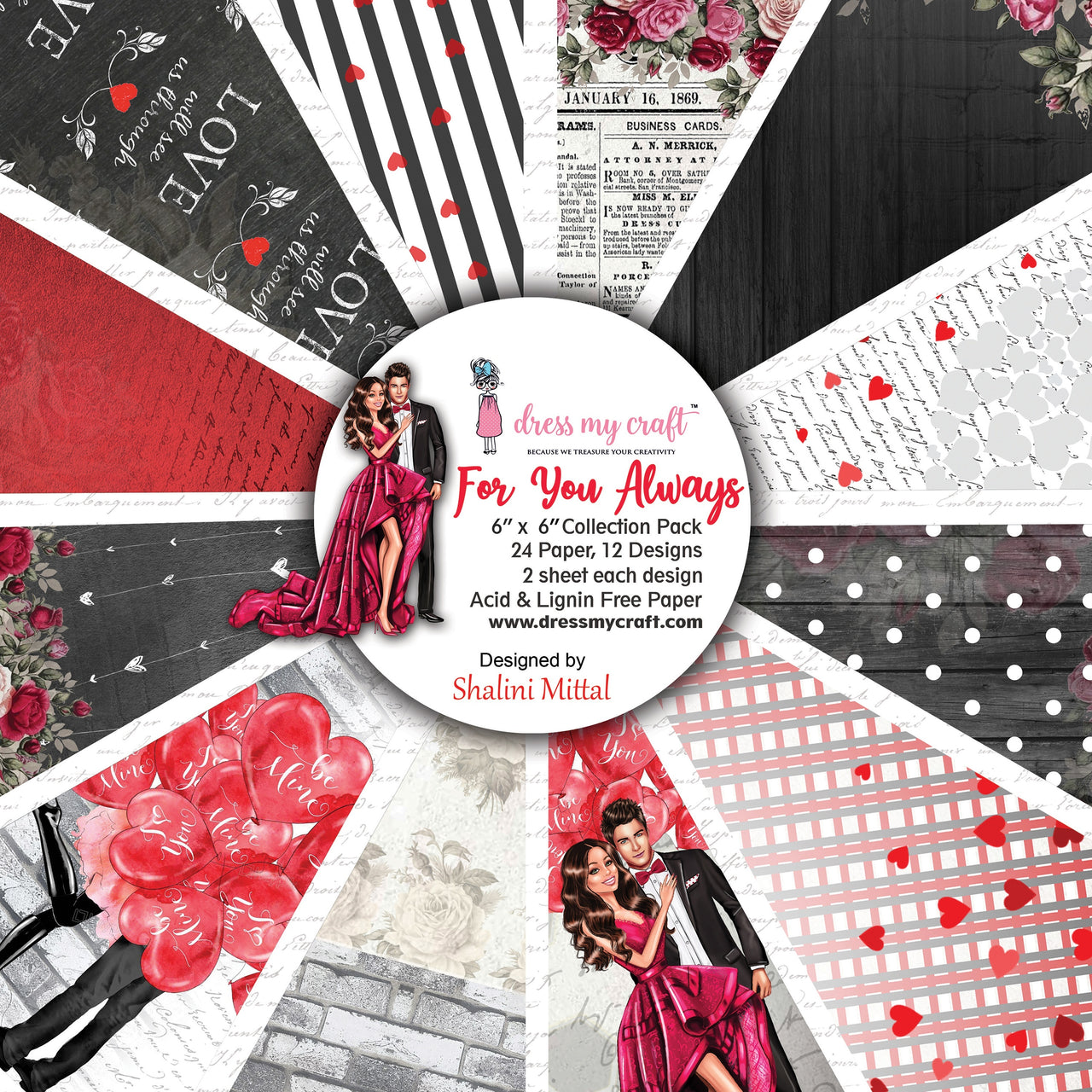 Dress My Crafts Single-Sided Paper Pad 6"X6" 24/Pkg - For You Always, 12 Designs/2 Each