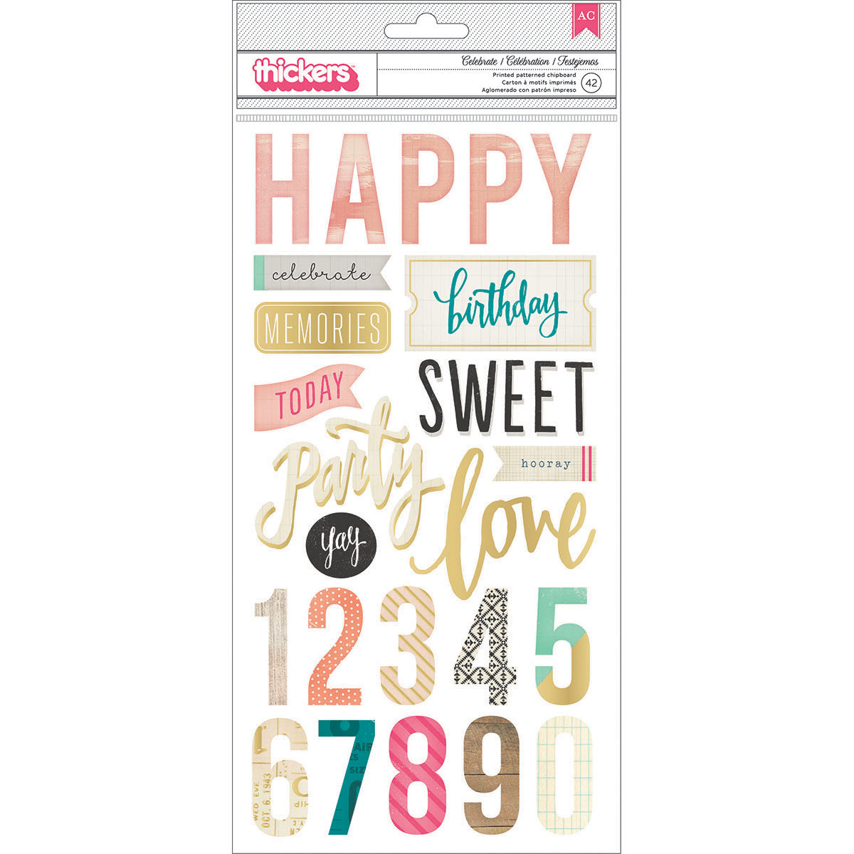 American Crafts Maggie Holmes Confetti Thickers Stickers 5.5"X11" 42/Pkg - Celebrate Phrases/Chipboard