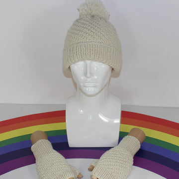 Adult Teen Aran Swirl Bobble Beanie Hat and Gloves