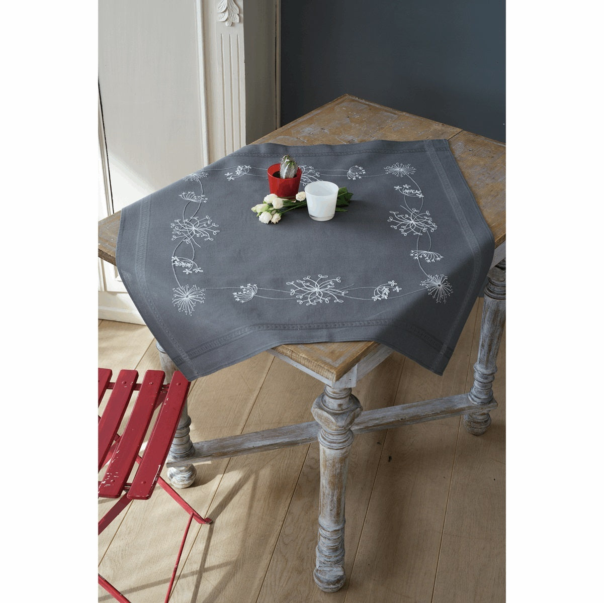 Vervaco White Flowers Printed Embroidery Kit - 32in x 32in (80cm x 80cm)