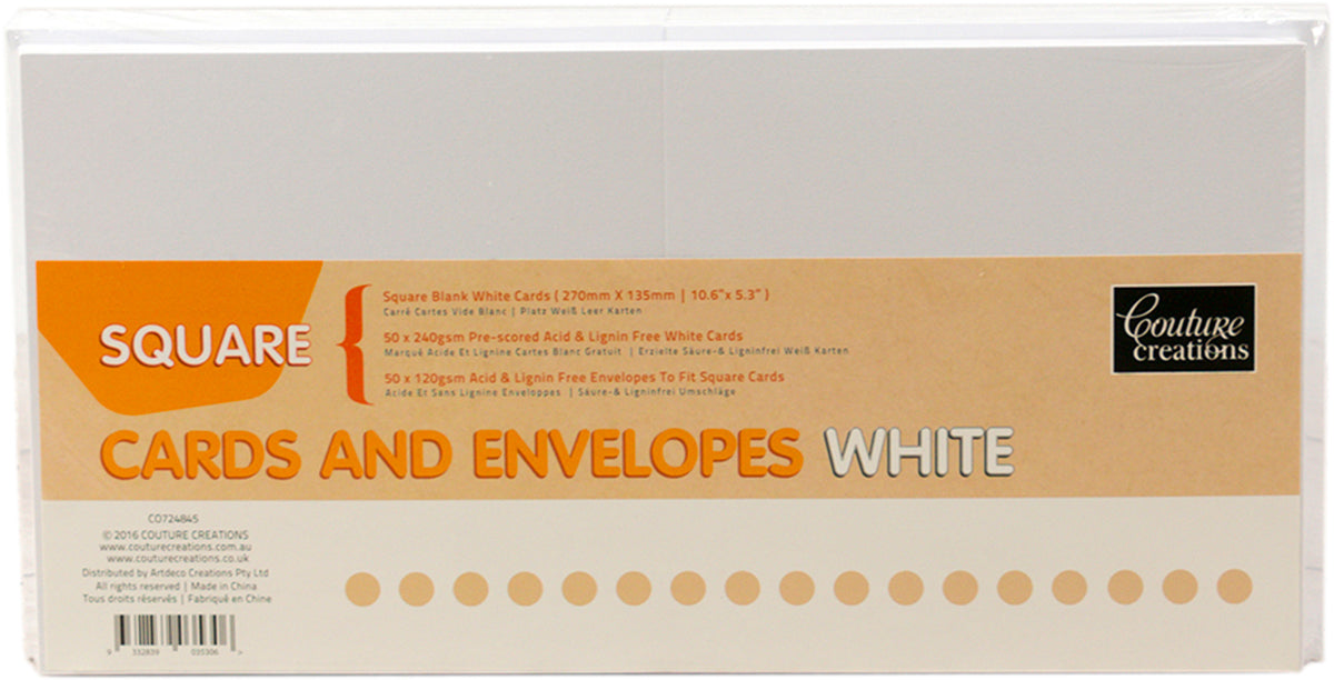 Artdeco Creations Couture Creations Square Cards W/Envelopes 50/Pkg - White, 5.3"X5.3" Folded