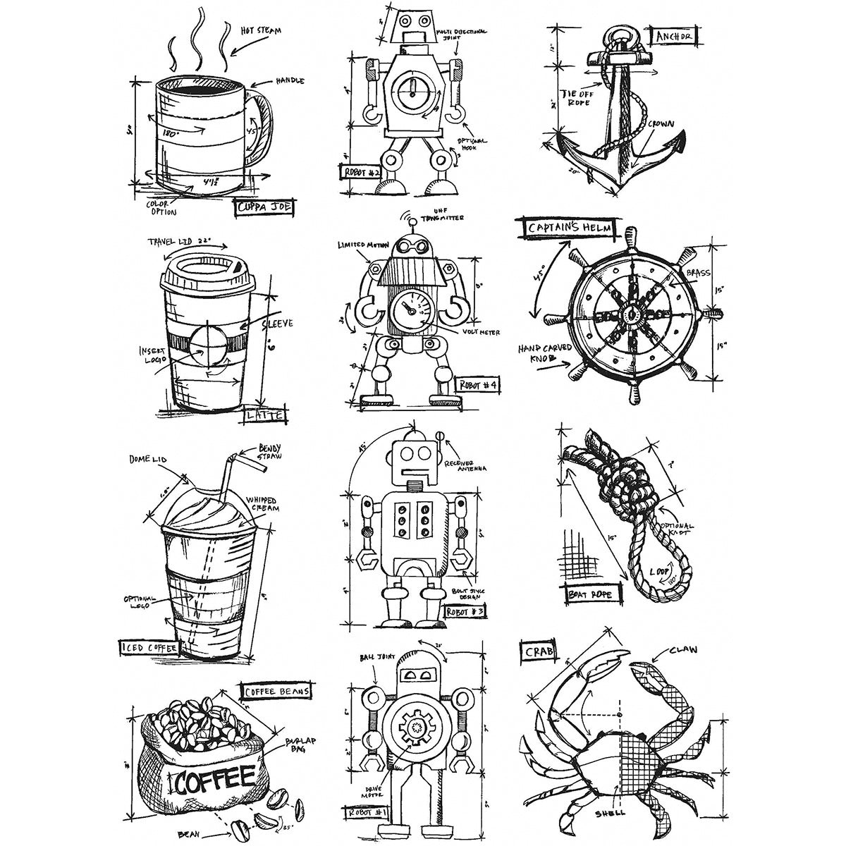 Stampers Anonymous Tim Holtz Cling Stamps 7"X8.5" - Mini Blueprints #9