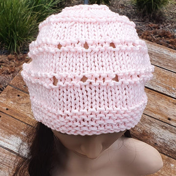 Ebony - Eyelet stitch beanie with a garter brim, sizes 2 years to lady